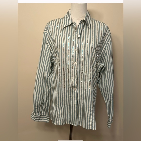 LIZWEAR Vintage 1990s | Deadstock Sequin & Striped Button-Down Blouse size large - Picture 5 of 9
